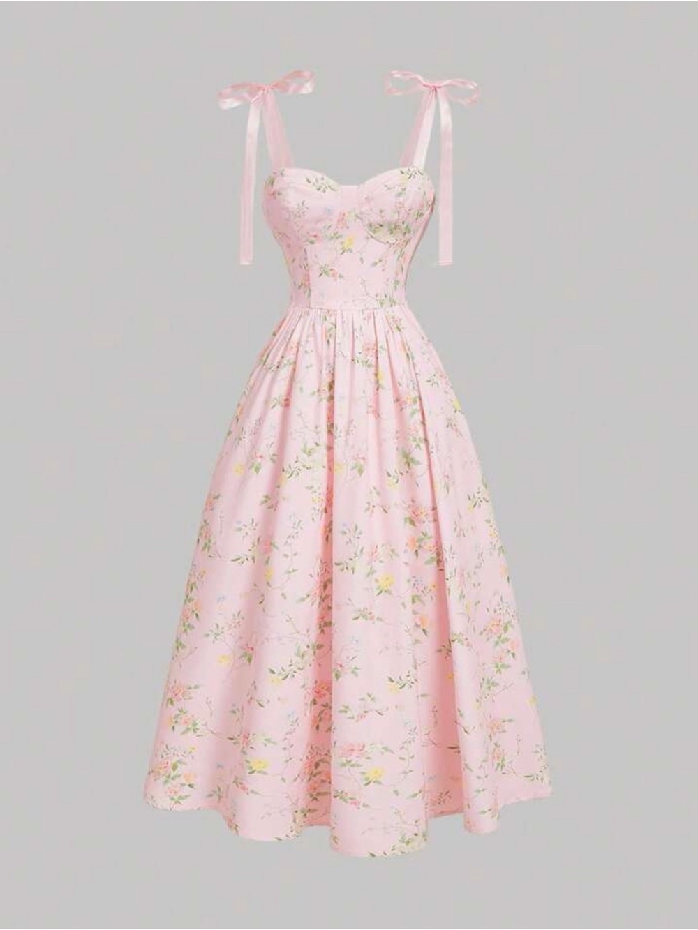 Sleeveless Pink Floral Midi Dress with Bow Straps
